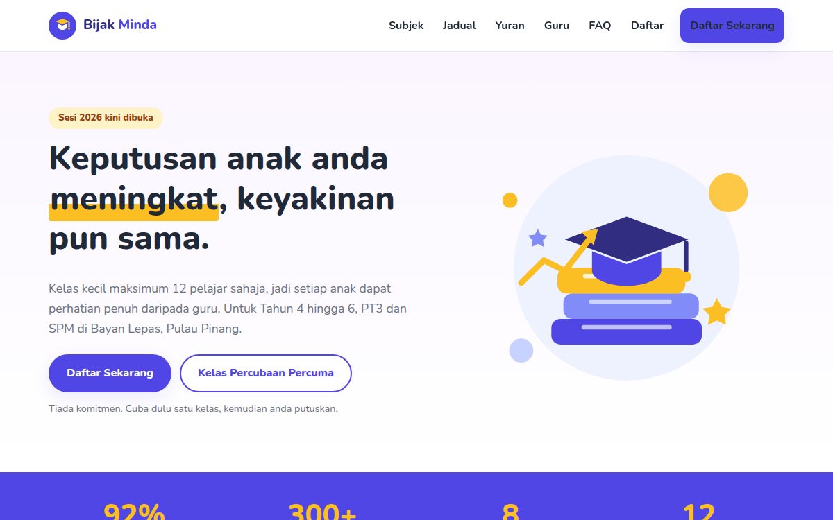 Screenshot homepage demo website Pusat Tuisyen Bijak Minda